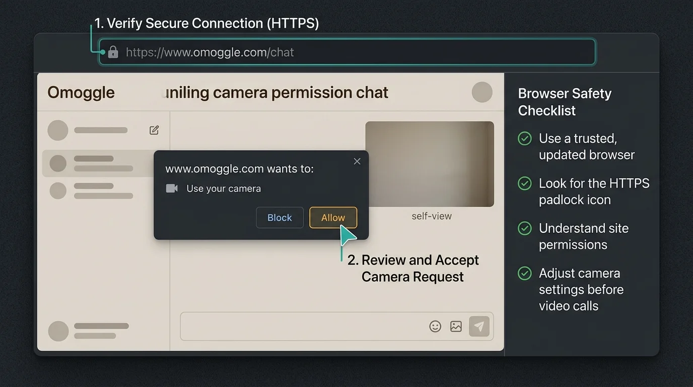 Browser camera permission checklist for the Omoggle website