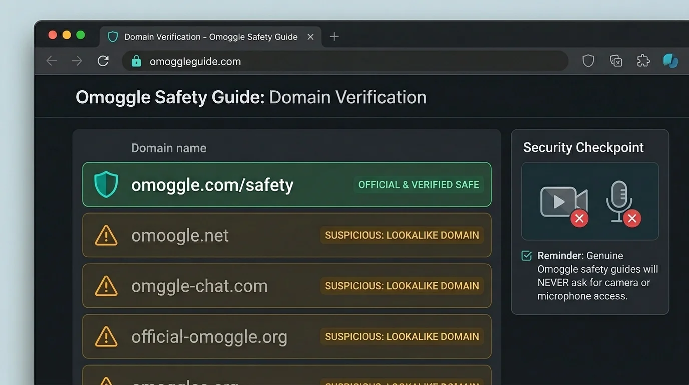 Omoggle website URL verifier interface comparing official and clone domains