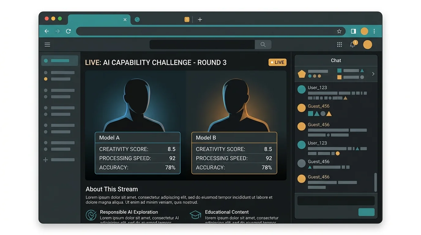 Stylized streamer dashboard showing an Omoggle mog battle without real streamer likenesses