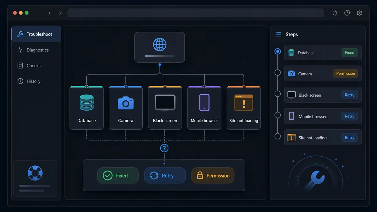 Omoggle troubleshooting flow interface for database, camera, and loading issues