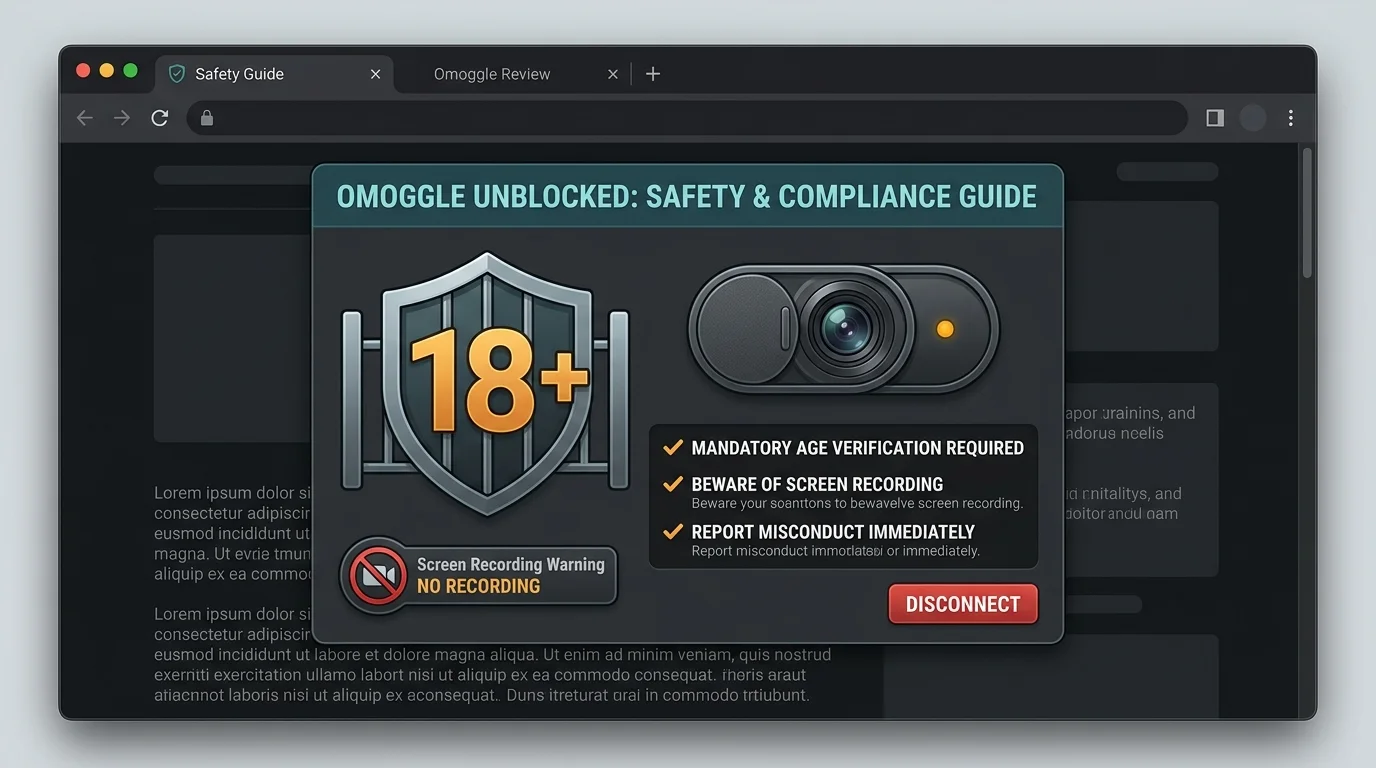 Advertencia de edad 18+ para Omoggle desbloqueado y recordatorio de seguridad de webcam