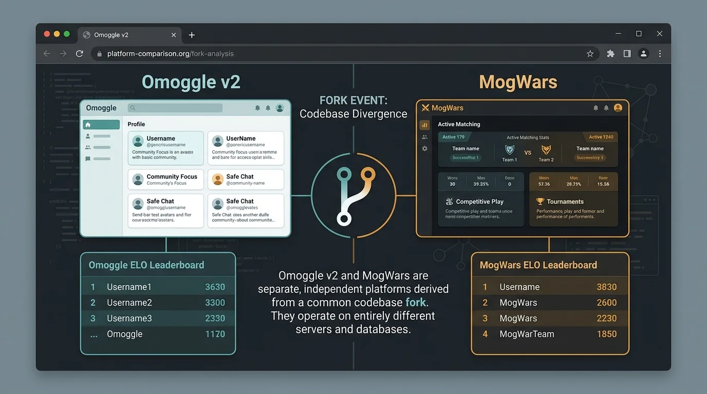 Comparación de Omoggle v2 vs. fork MogWars mostrando omoggle.com y omoggle.app como productos separados